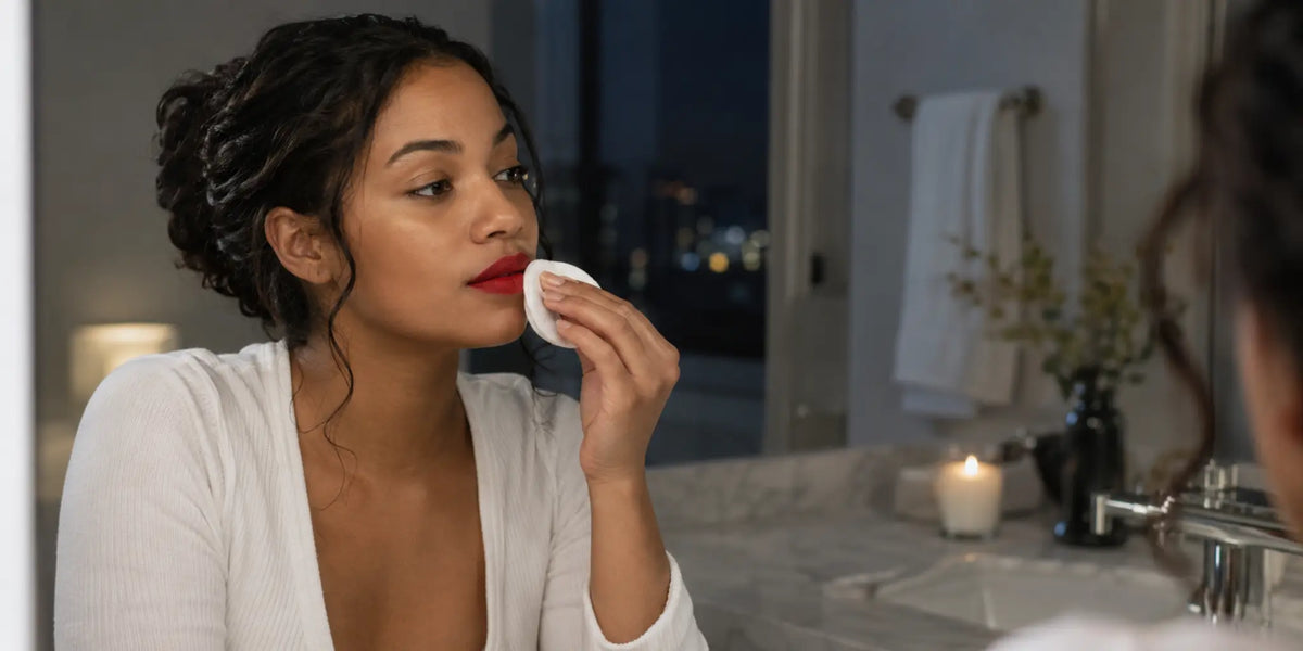 Woman gently preparing to remove vivid red lipstick at a bathroom mirror