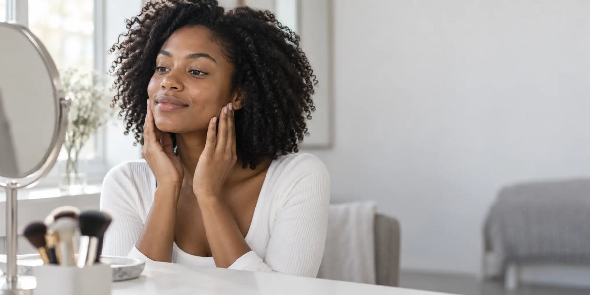 Woman checks her clean bare face before a professional makeup appointment