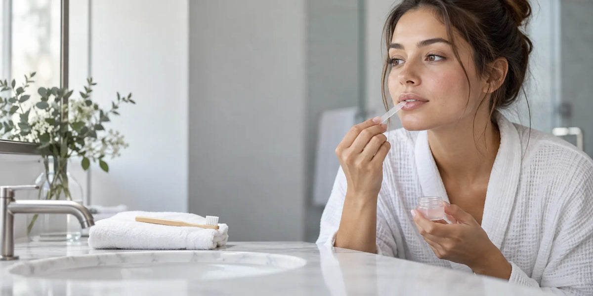 Woman applying a clear lip mask after brushing her teeth
