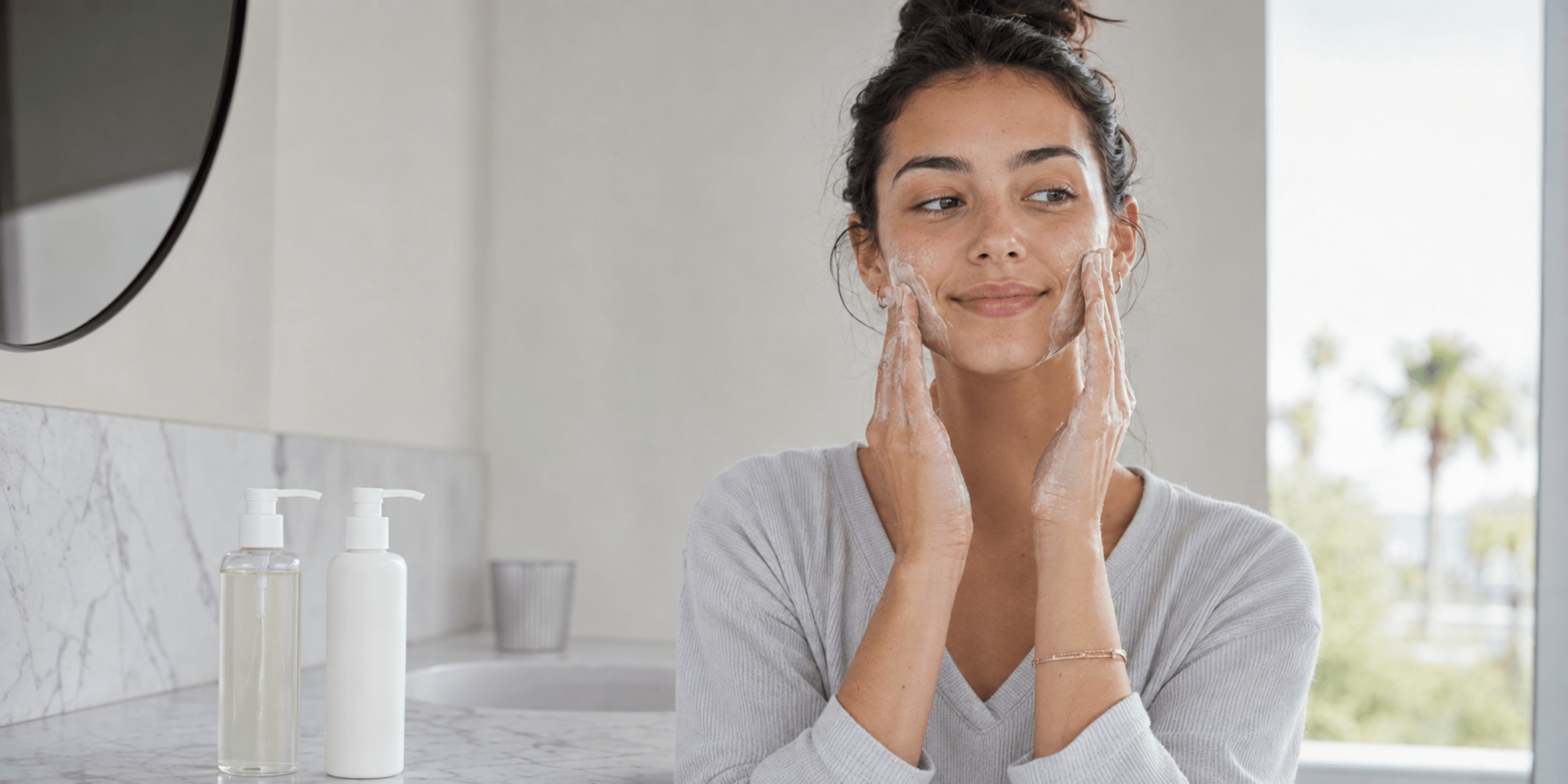 Young woman double cleansing with oil and foam cleansers in a minimalist gray and white bathroom