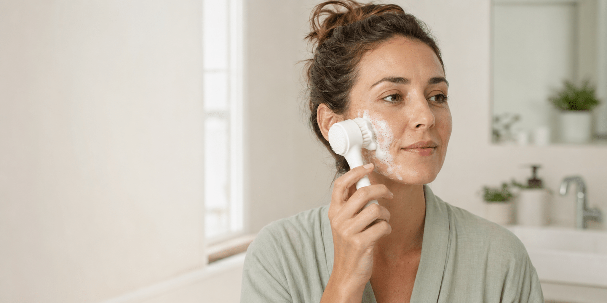 Woman gently using a facial cleansing brush with soft foam in natural light