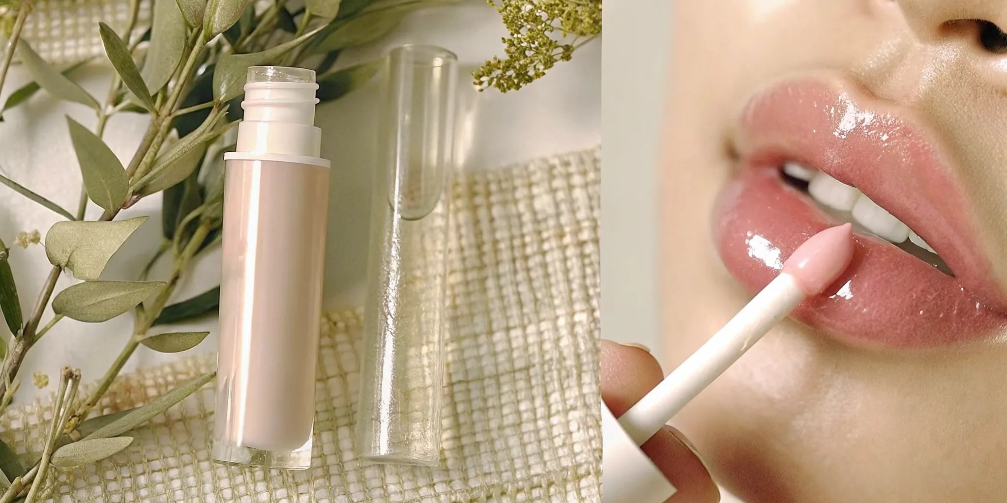 Close-up of a glossy pink lip oil applicator with doe-foot wand being applied to lips, soft natural lighting