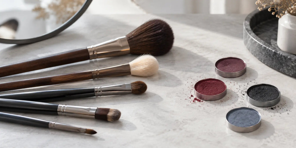 Clean makeup brushes arranged beside bold fall pigments
