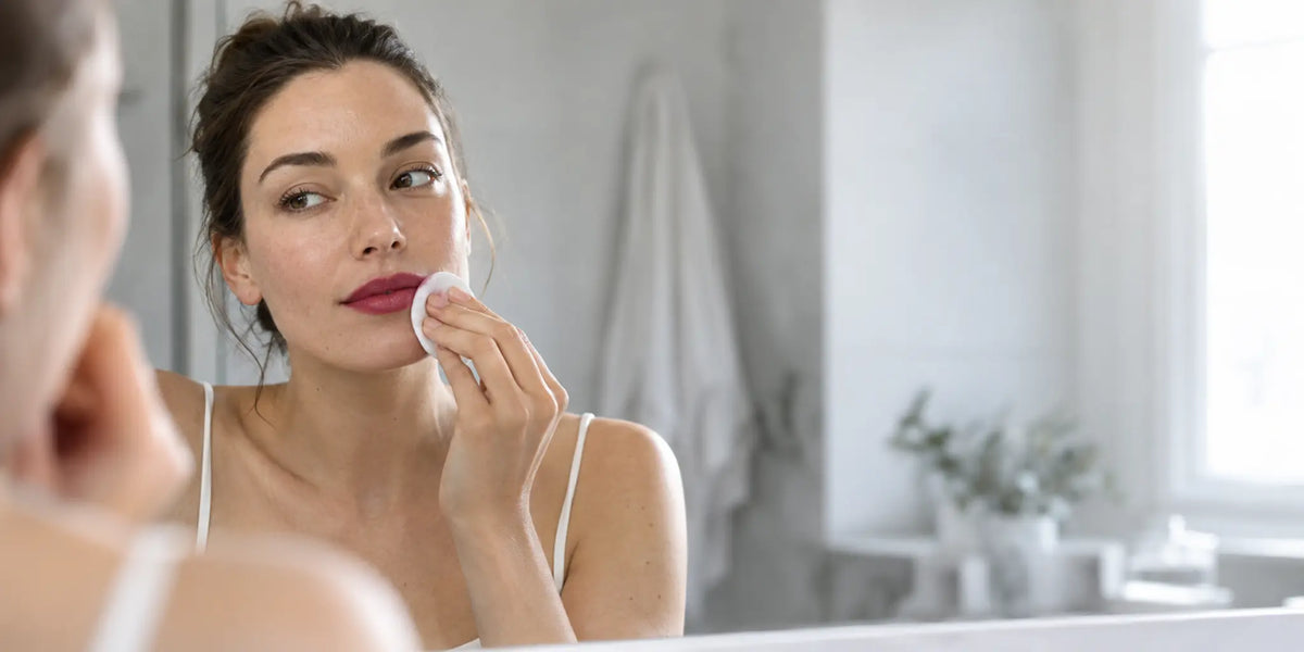Woman gently lifting berry lip stain with a soft cotton pad at a bathroom mirror