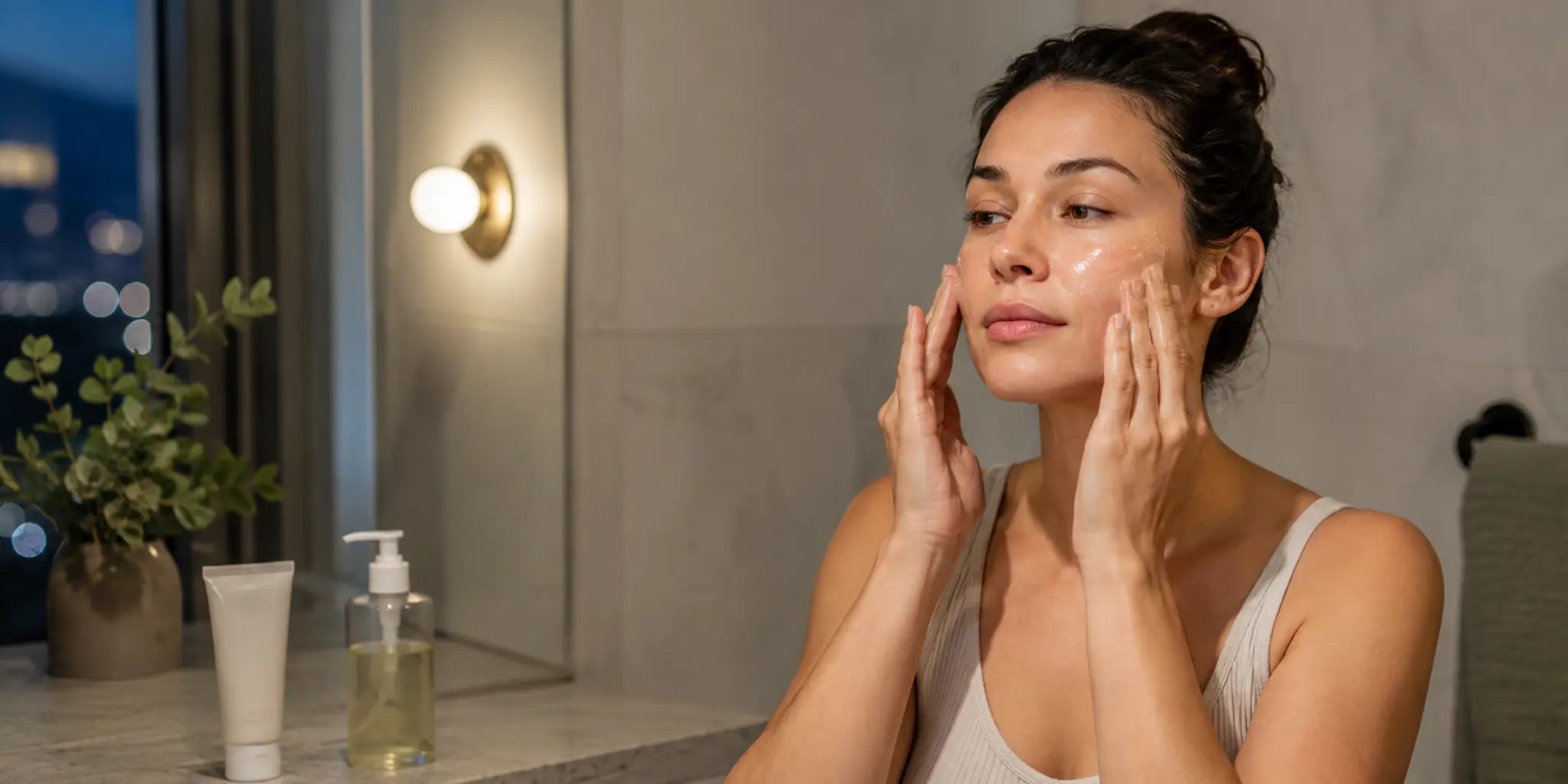 Woman gently massaging cleansing oil onto her face to remove sunscreen at night