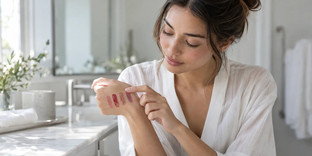 Woman comparing four glossy tinted lip shades on her hand