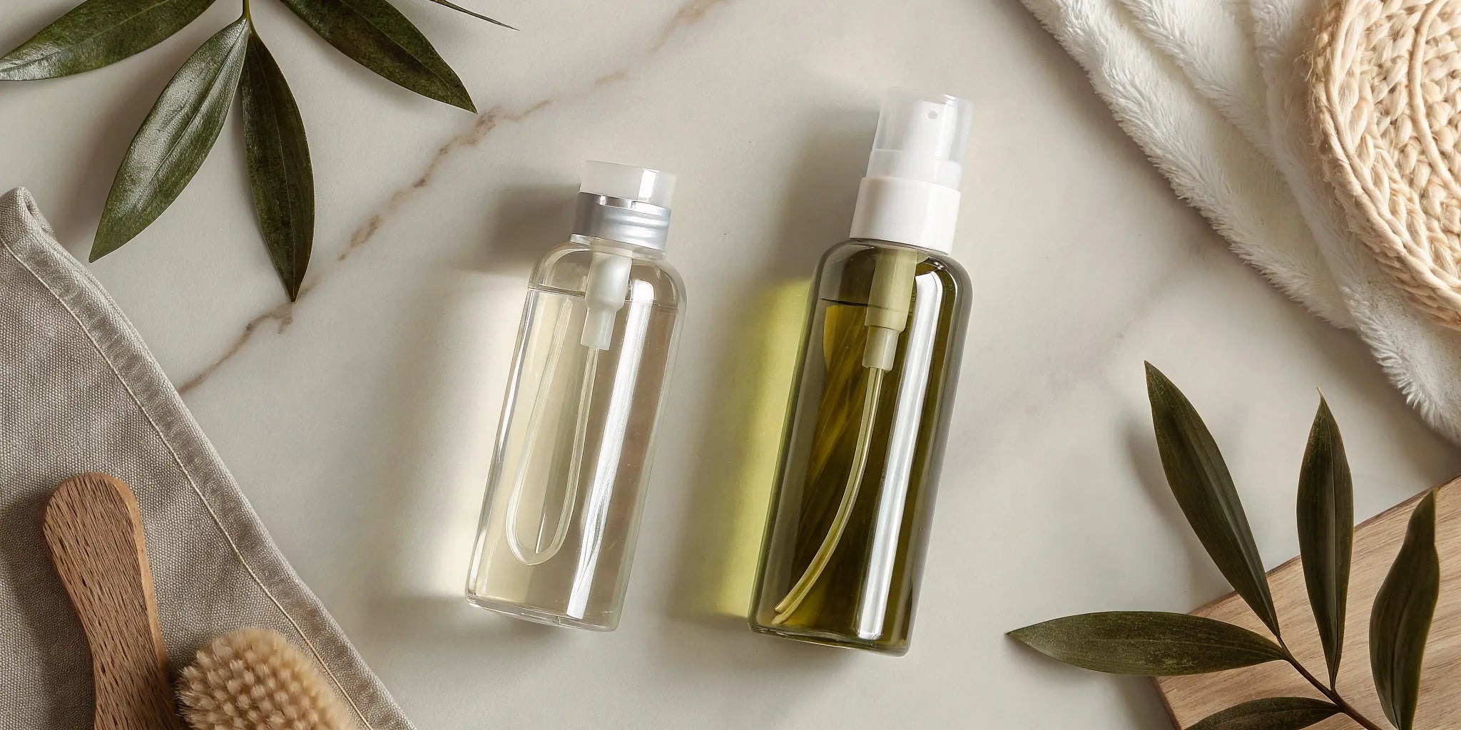 A flat lay of a clear oil-based makeup remover bottle and a green botanical cleansing oil bottle on marble with skincare items and fresh leaves