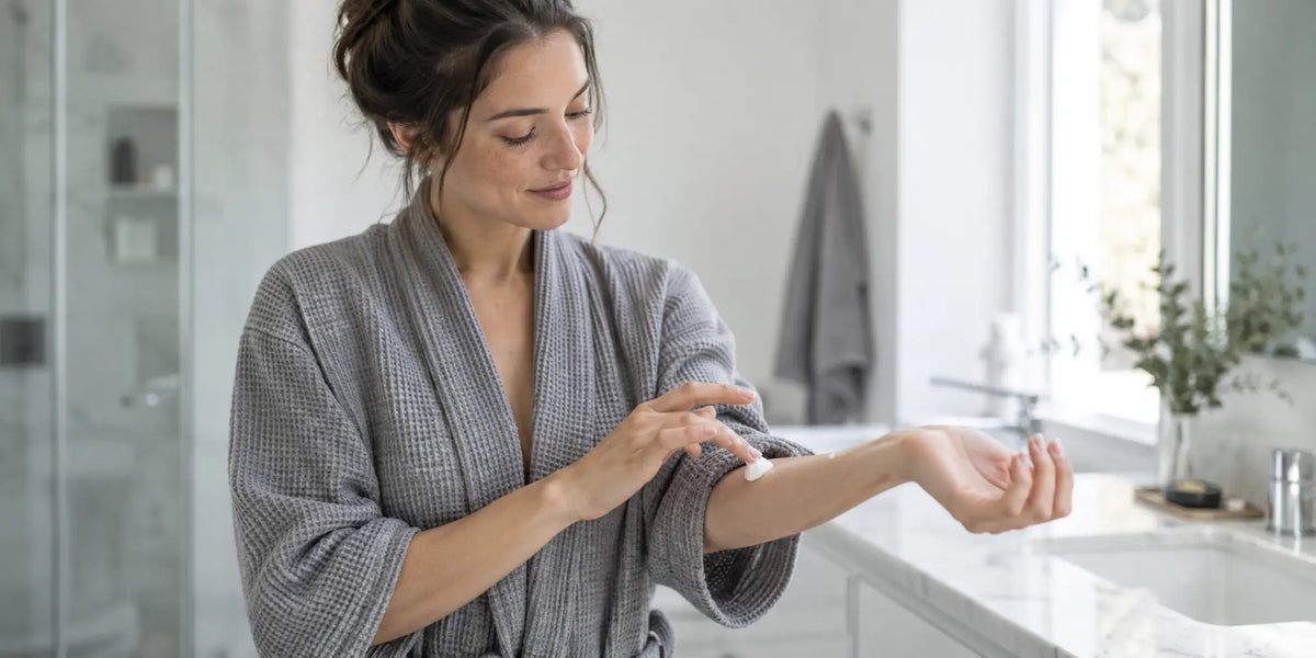 Woman testing a small amount of cleanser on her inner forearm