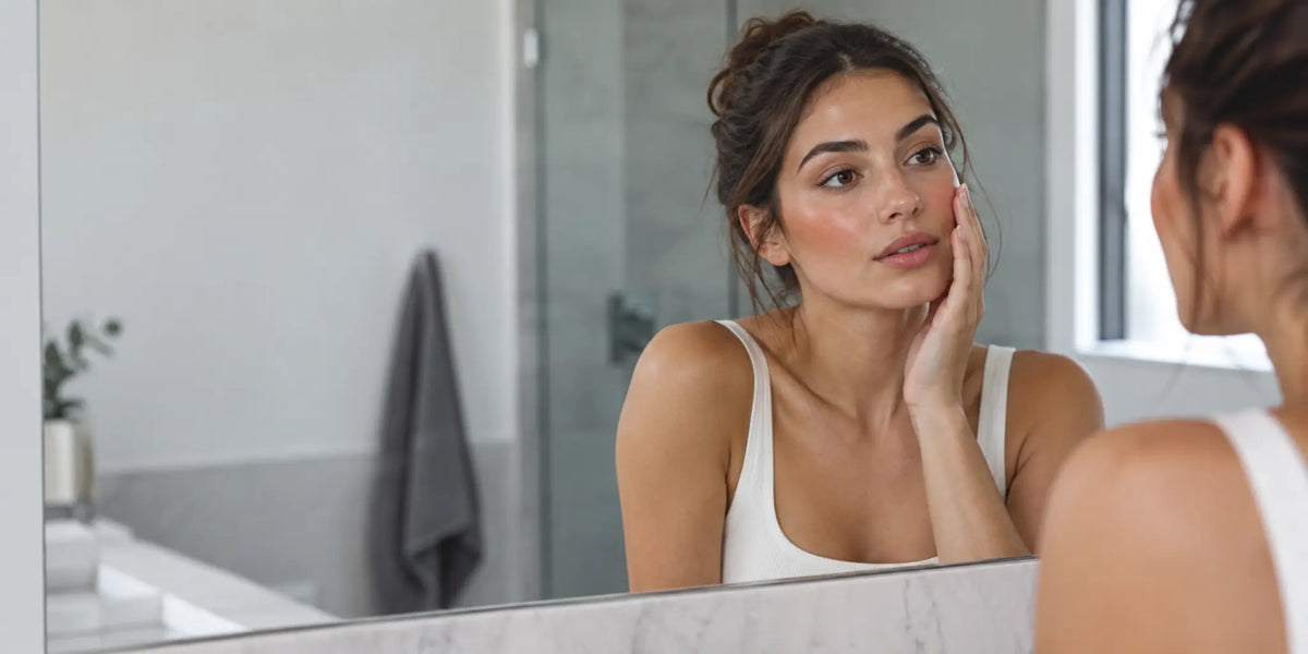 Woman checking layered blush and bronzer in a bathroom mirror before cleansing