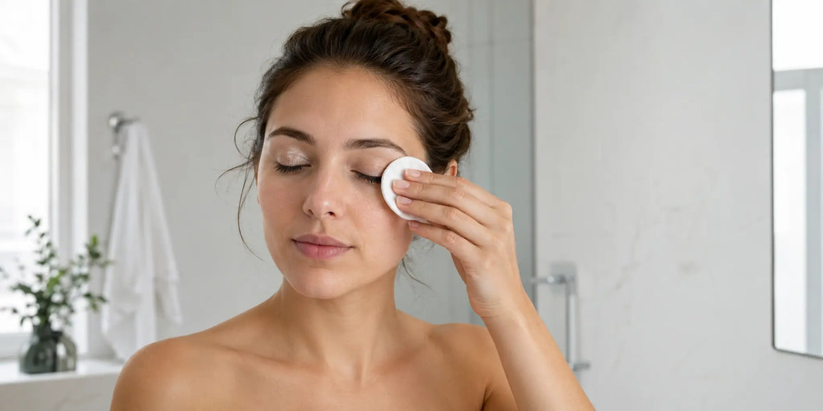 Woman gently removes silver shimmer eye makeup with a cotton pad