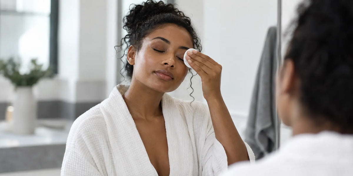 Woman gently removing soft brown eye shadow with a cotton pad in a bathroom mirror