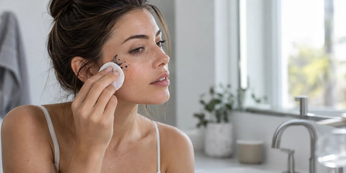 Woman gently pressing a cotton pad beside a temporary face tattoo