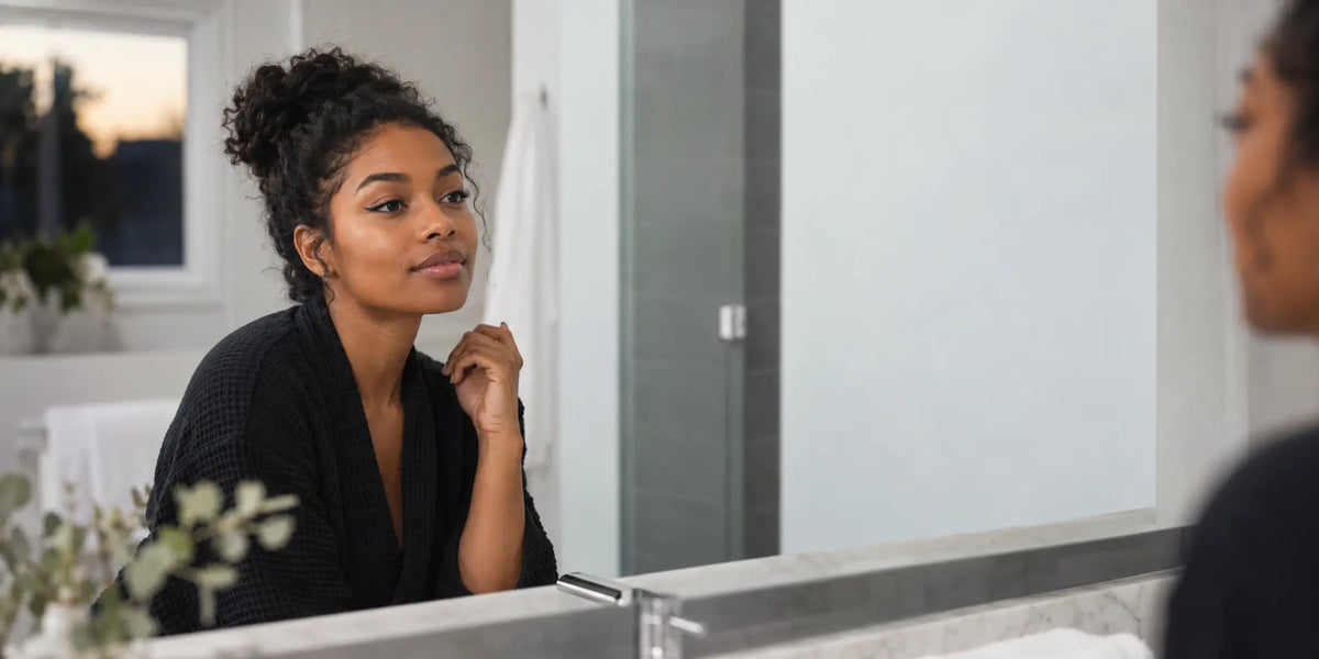 Woman checking waterproof eyeliner in a bathroom mirror before removal