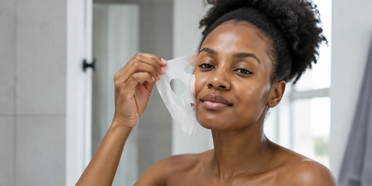 Woman gently removes a plain sheet mask from her face
