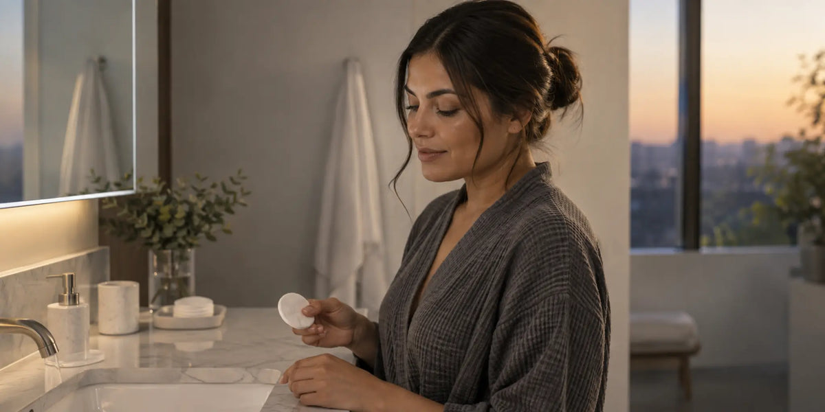 Woman prepares to remove evening makeup and setting spray at a bathroom sink