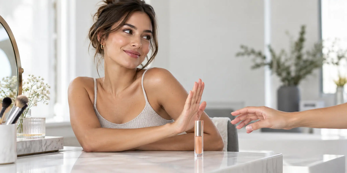 Woman keeping her lip oil personal as another hand reaches toward the capped tube