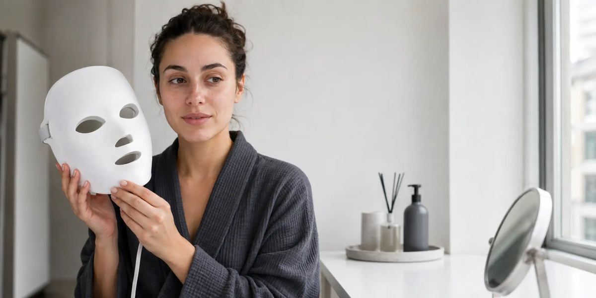 Woman holds an unbranded LED face mask after cleansing