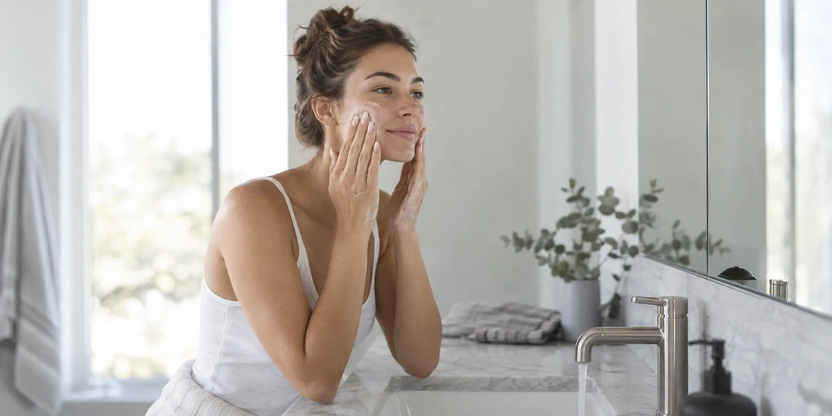 Woman washes her face gently while keeping long almond nails away from her skin