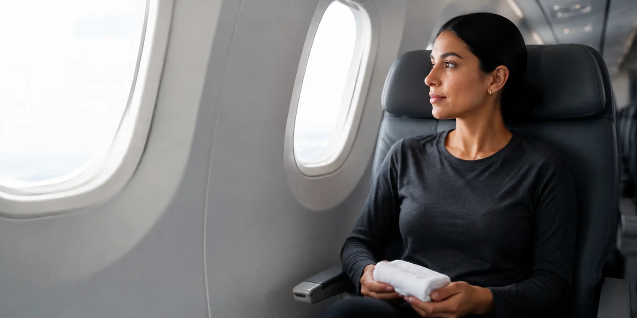 Woman seated by an airplane window holding a clean facial towel