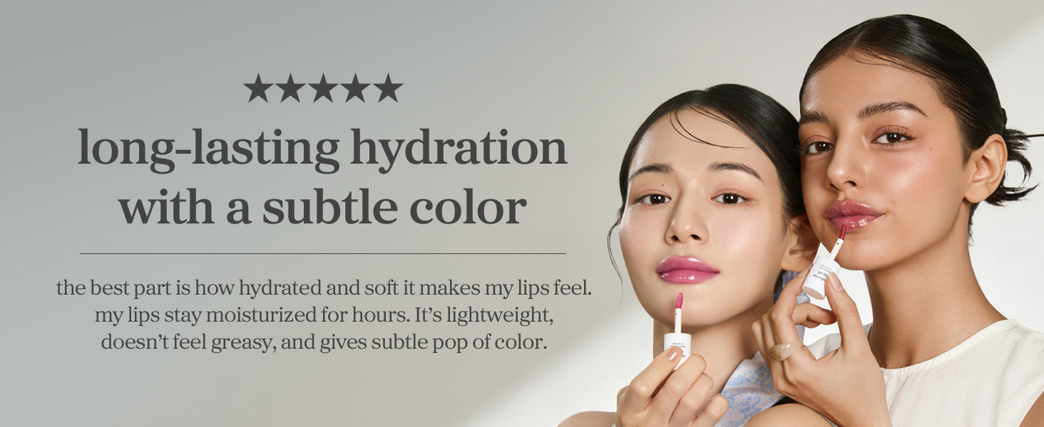 Two models wearing nooni lip oil with glossy lips, lasting hydration, and natural color.