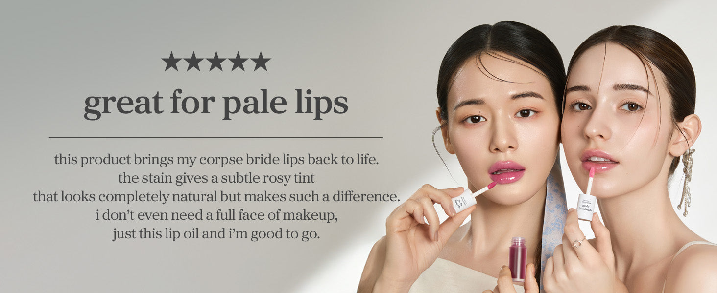 Two models applying nooni lip oil, highlighting glossy lips and a soft rosy tint that enhances natural lip color.