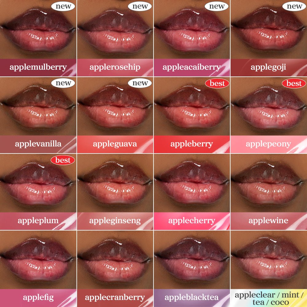 Multiple lip oil shades displayed on deep toned lips emphasizing color variation and shade range across different tones.