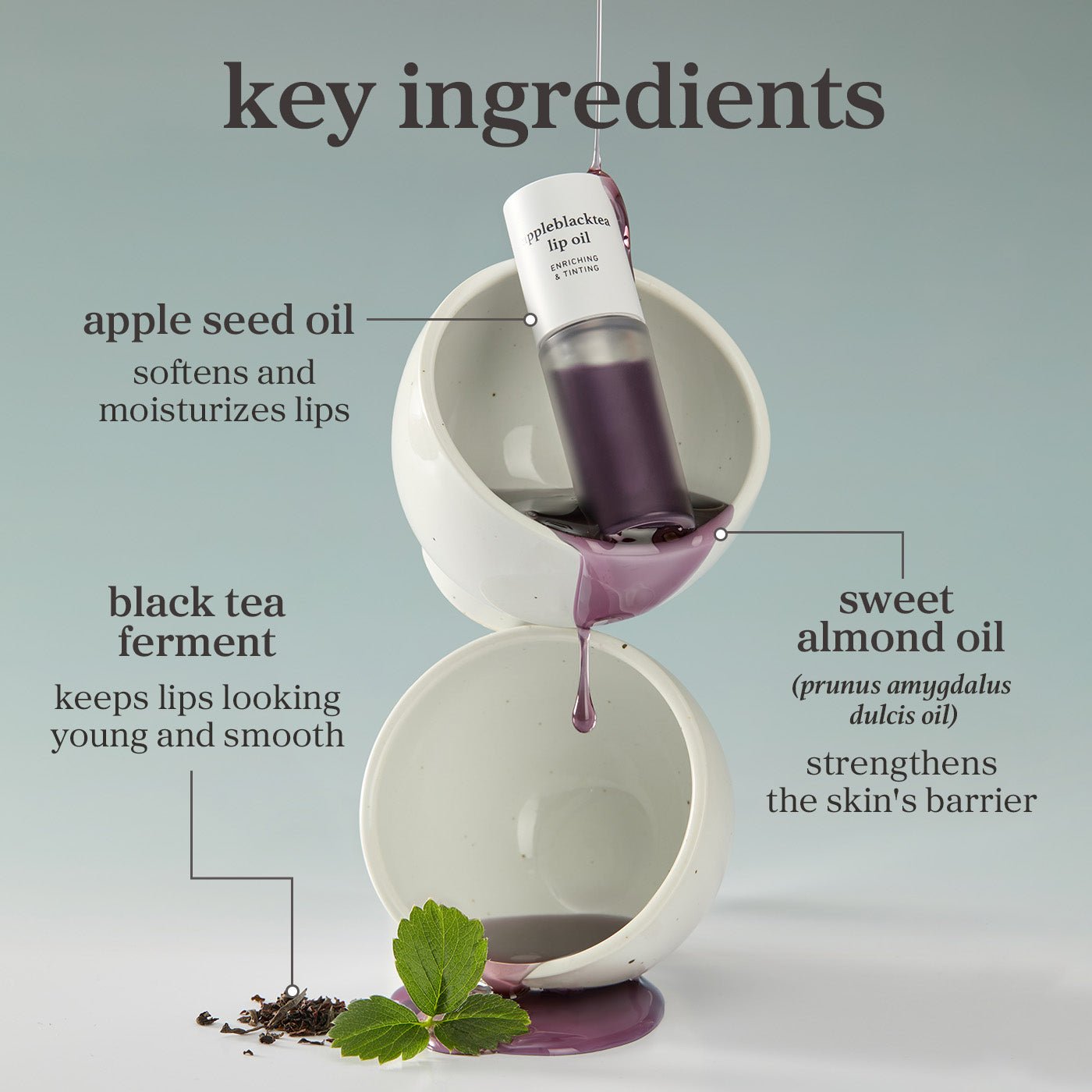 Appleblacktea lip oil highlighting apple seed oil, black tea ferment, and sweet almond oil as key ingredients.