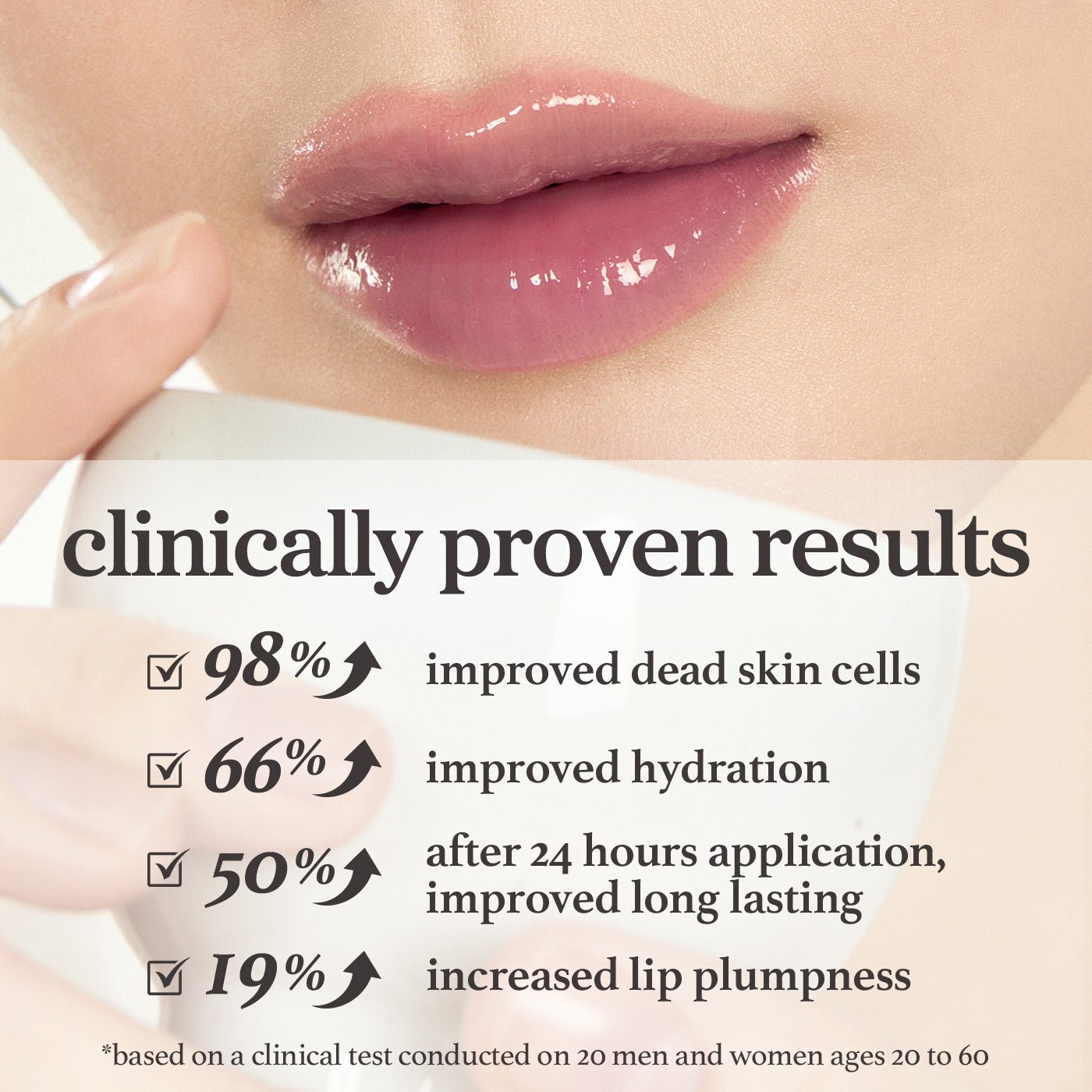 Appleblacktea lip oil clinical results showing improved hydration, reduced dead skin cells, and increased plumpness.
