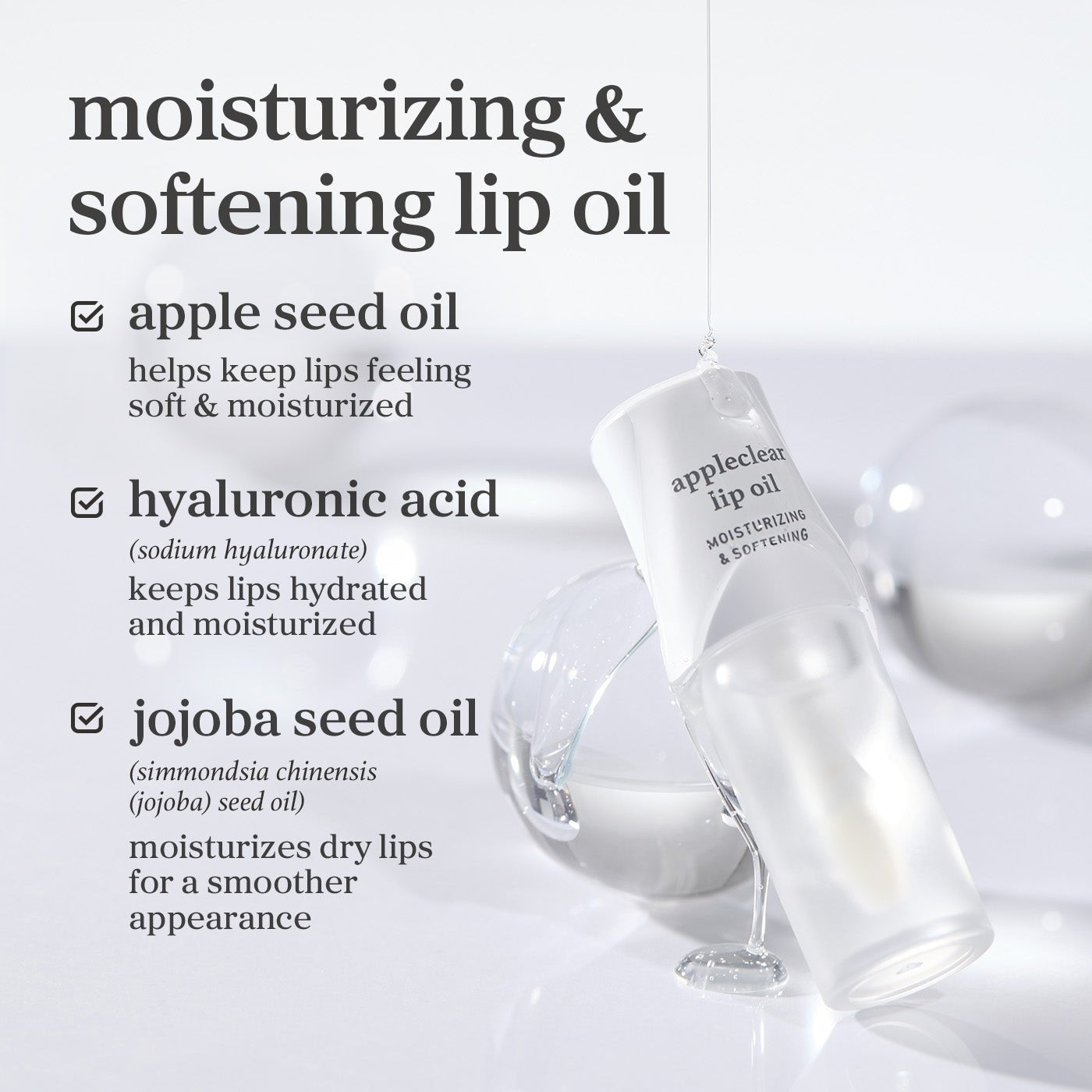 Appleclear lip oil ingredient graphic featuring apple seed oil, hyaluronic acid, and jojoba seed oil.