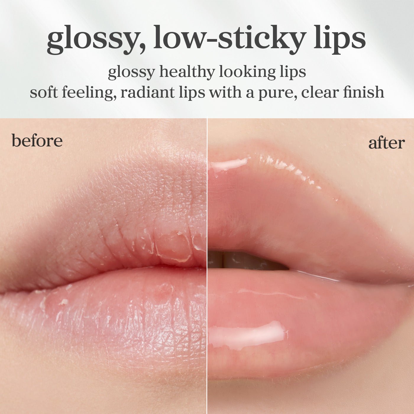 Before and after lips using applercoco lip oil showing smoother appearance and enhanced gloss after application.