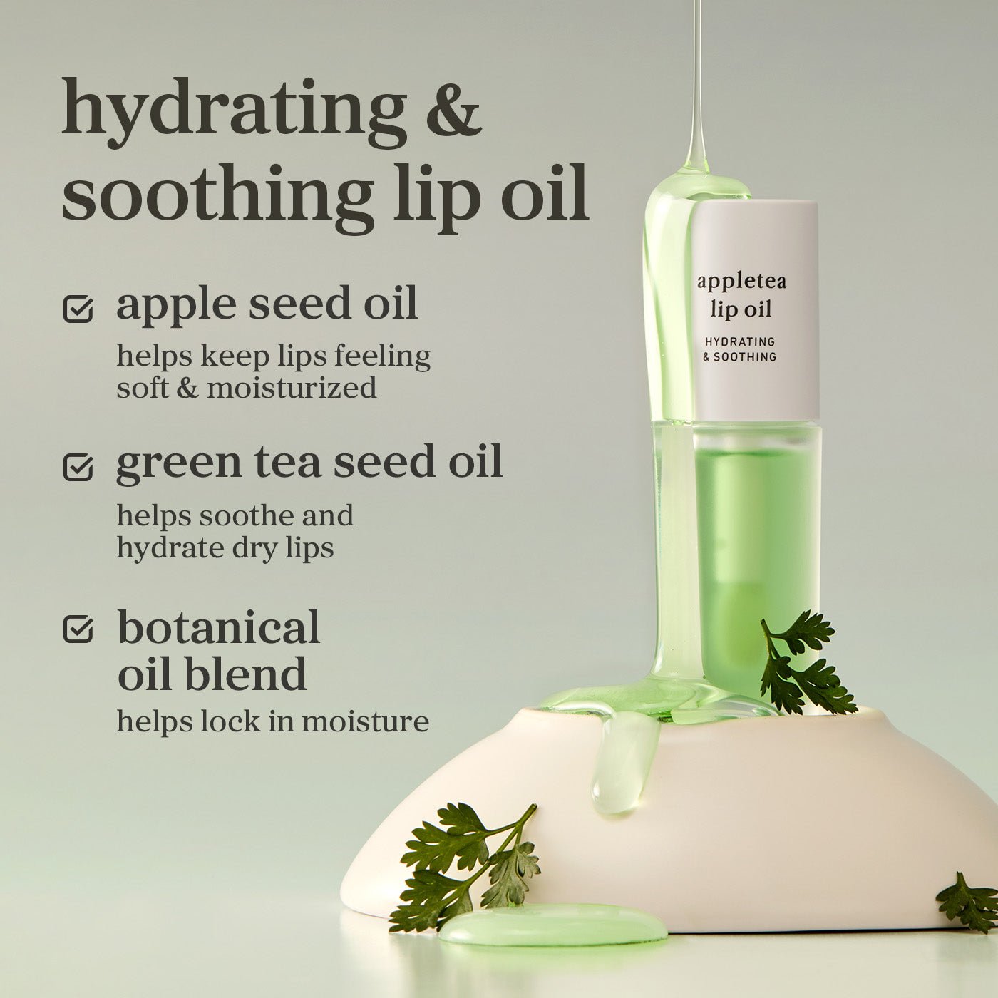 Appletea lip oil highlighting apple seed oil, green tea seed oil, and botanical oil blend as key ingredients.