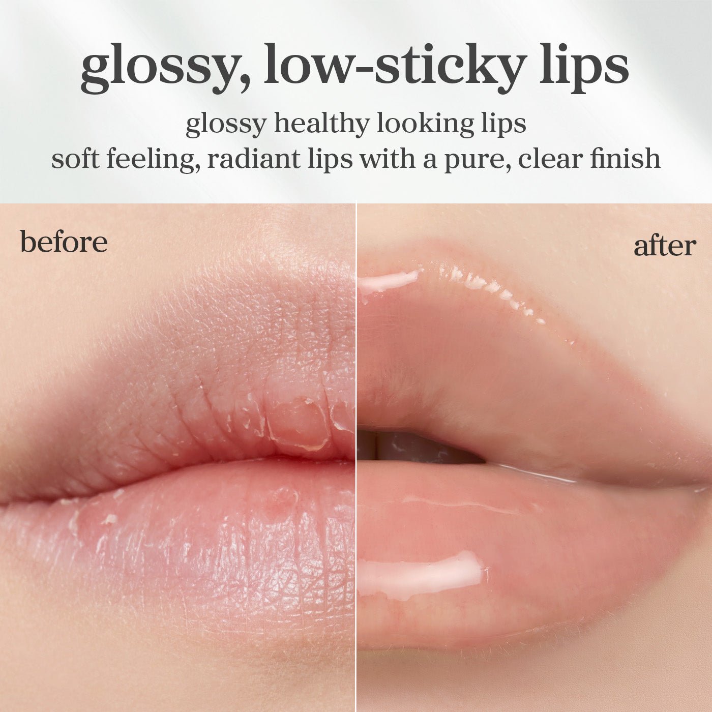 Before and after lips using applertea lip oil showing smoother appearance and enhanced gloss after application.