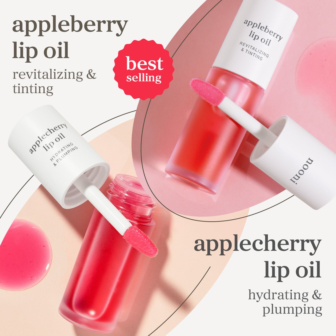 Appleberry and applecherry lip oils displayed with applicators showing tinted shades and best selling highlight.