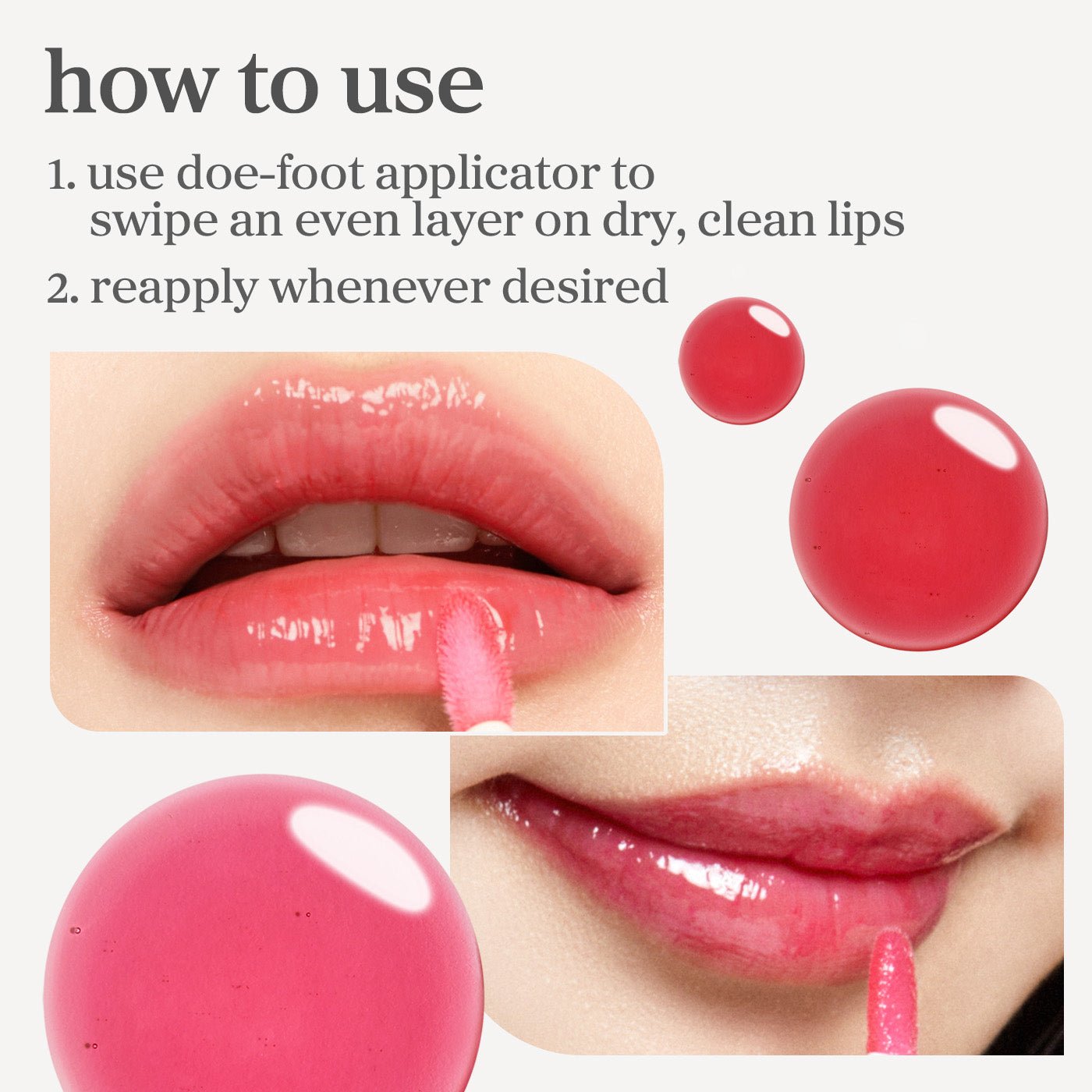 How to use appleberry and applecherry lip oil showing application on lips with doe foot applicator and even layer finish.