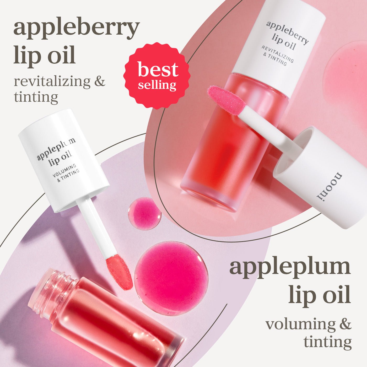 Appleberry and appleplum lip oils displayed with applicators showing tinted shades and best selling highlight.