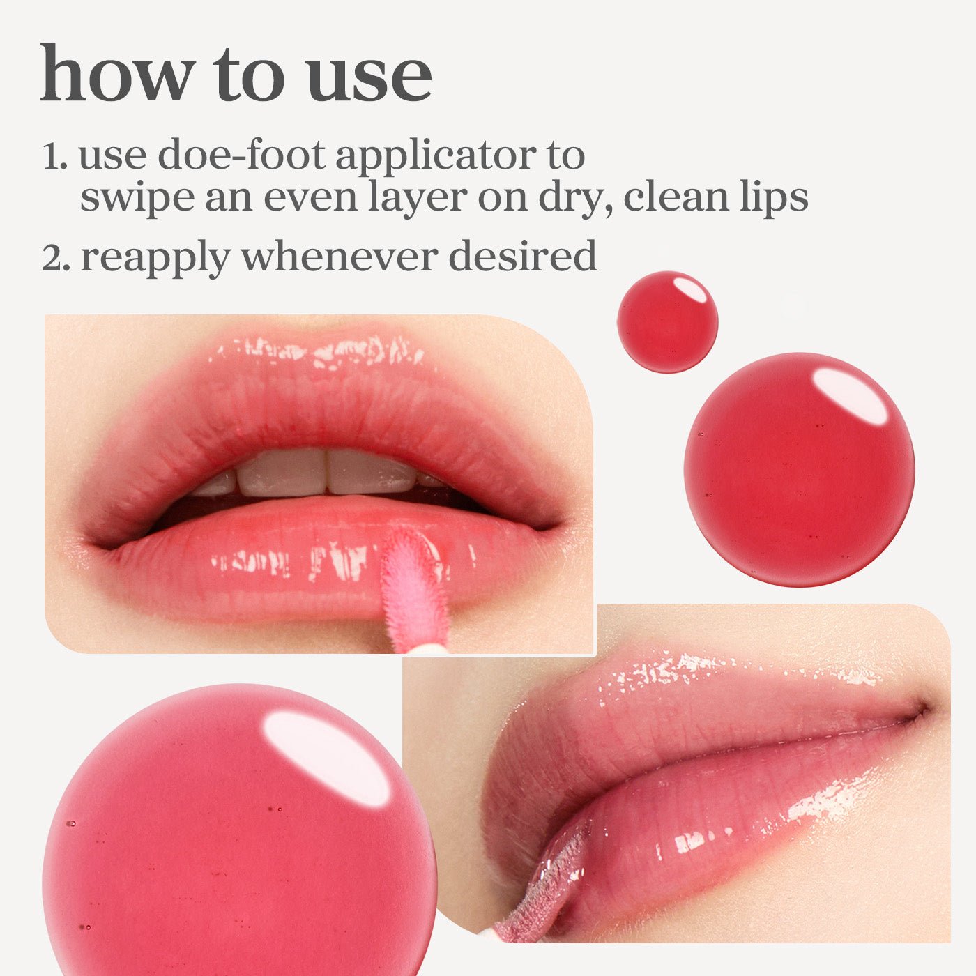 How to use appleberry and appleplum lip oil showing application on lips with doe foot applicator and even layer finish.