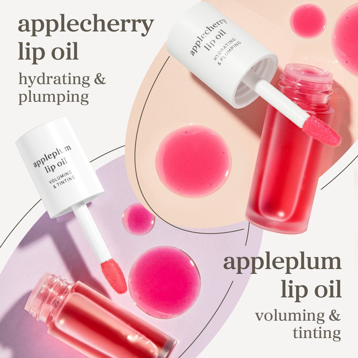 Applecherry and appleplum lip oils displayed with applicators showing tinted shades and best selling highlight.
