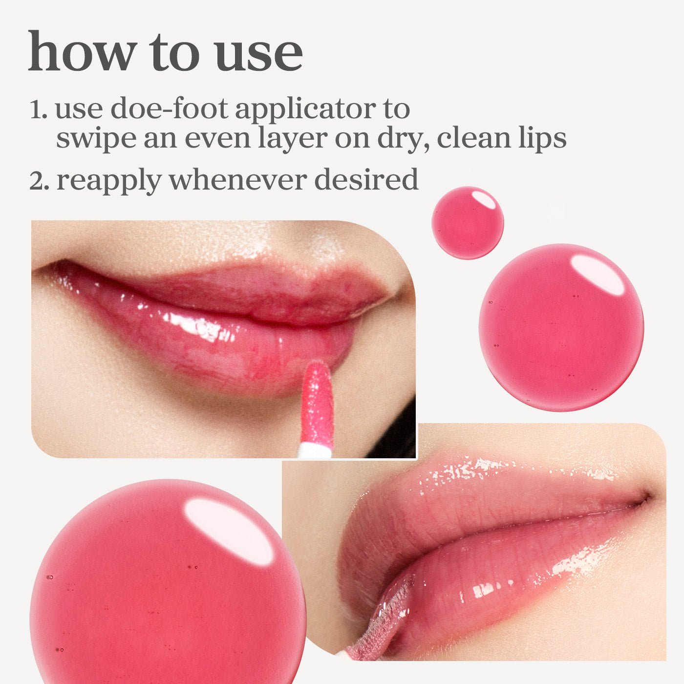 How to use applecherry and appleplum lip oil showing application on lips with doe foot applicator and even layer finish.