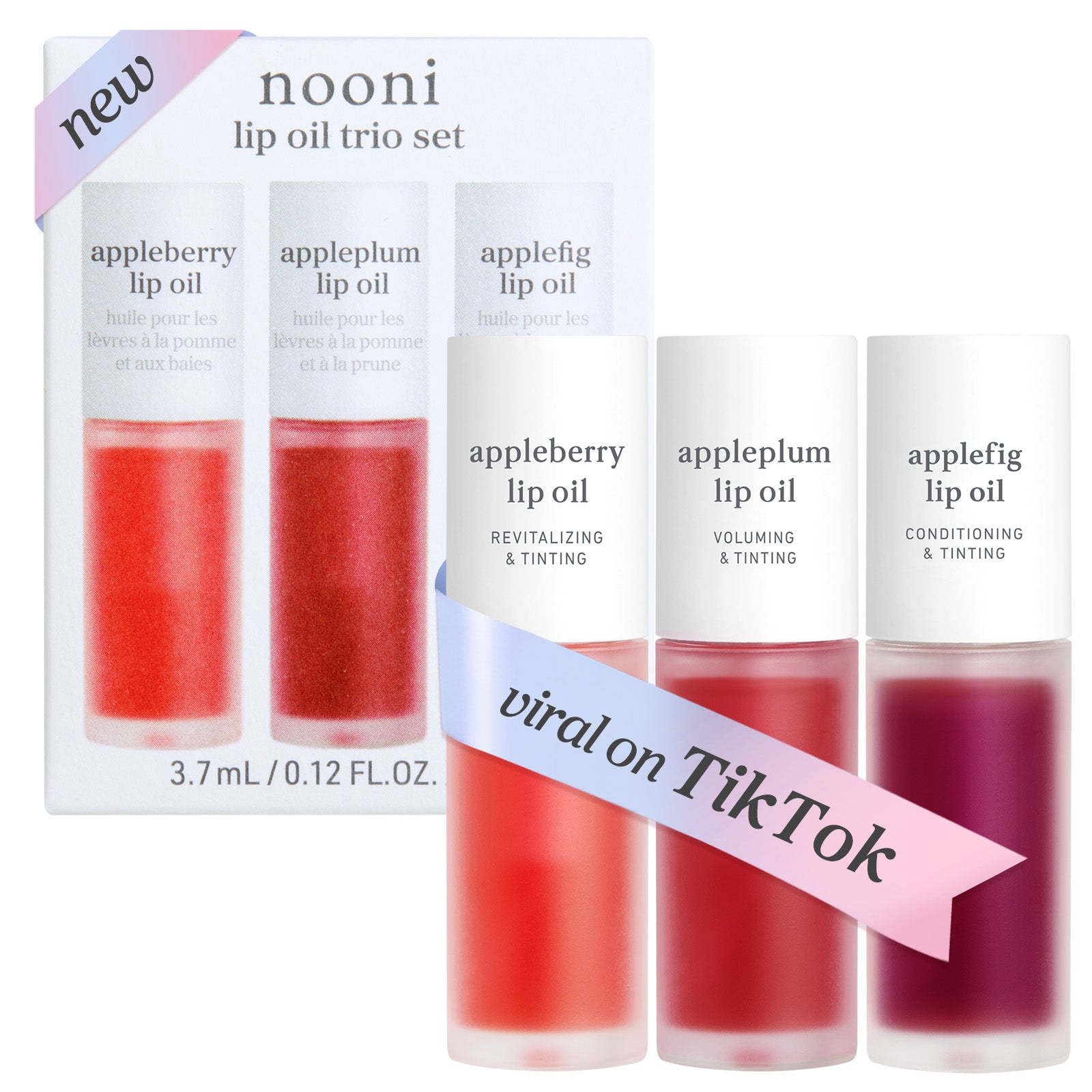 Lip oil set box and products featuring appleberry, appleplum, and applefig shades.