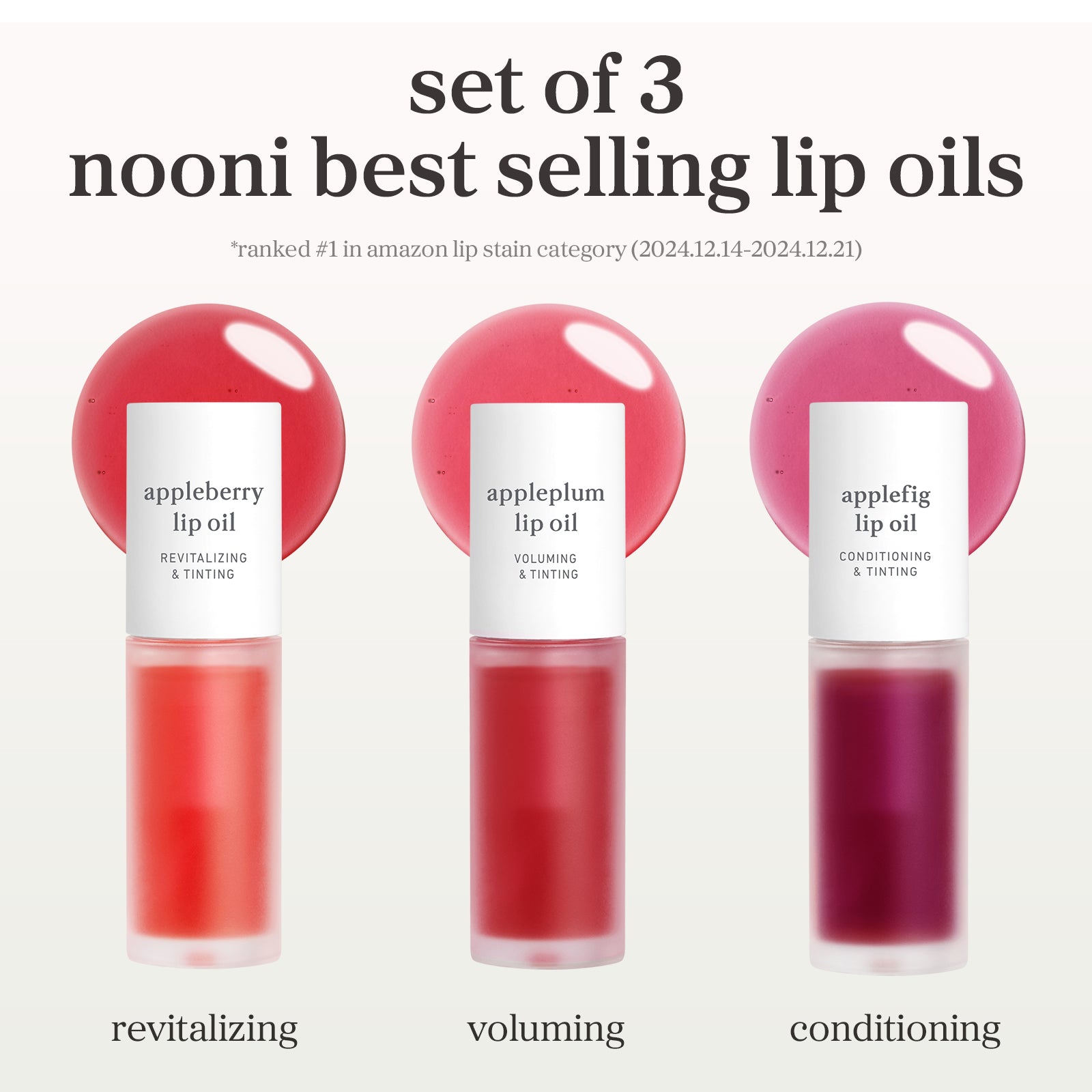 Set of 3 bestselling lip oils featuring appleberry appleplum and applefig shades.