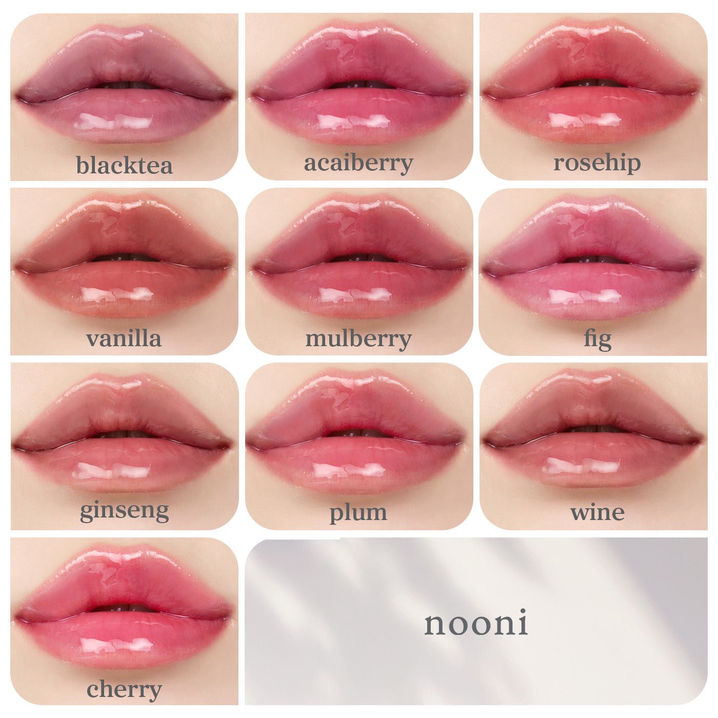 Radiant Lip Oil Wardrobe (10 Shades) applied on lips showing glossy finish and natural tint.