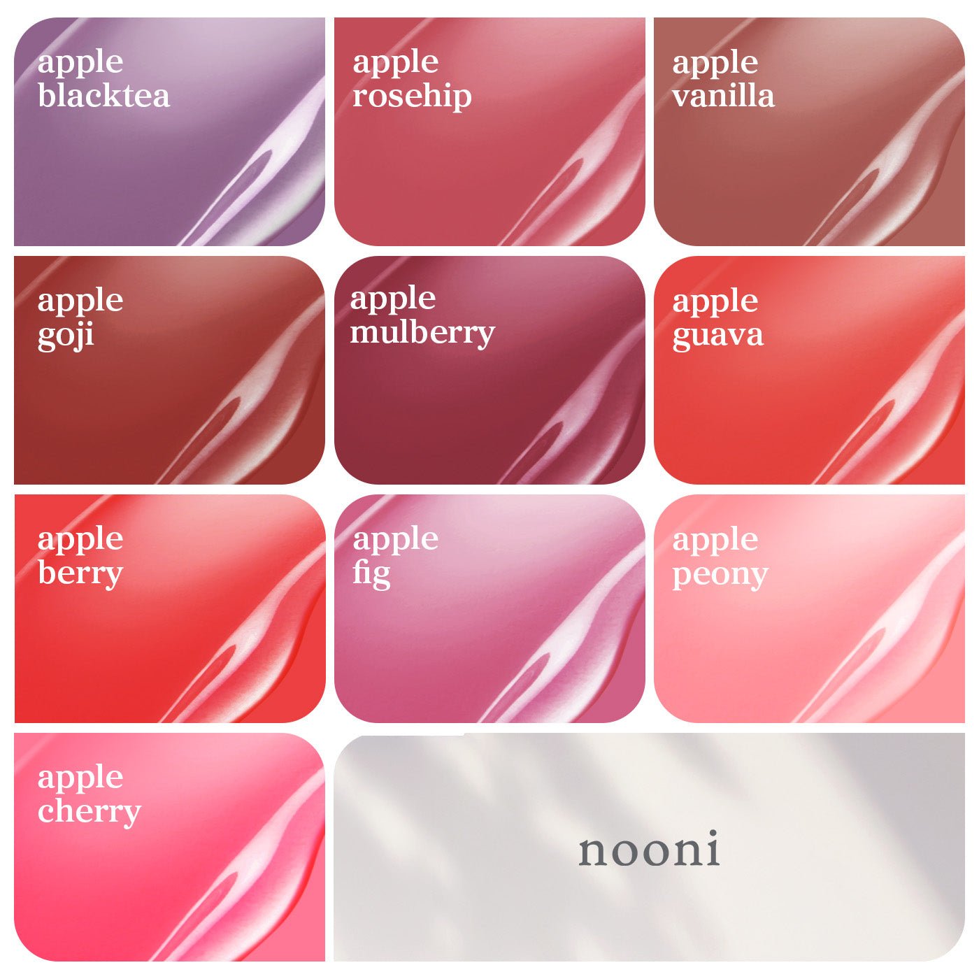 Colors of each product in the Radiant Tinted Lip Oil Bundle (10 Pack)