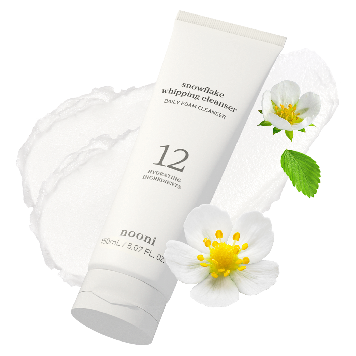 Nooni Snowflake Whipping Cleanser 150ml product with soft foam texture and white flower ingredients