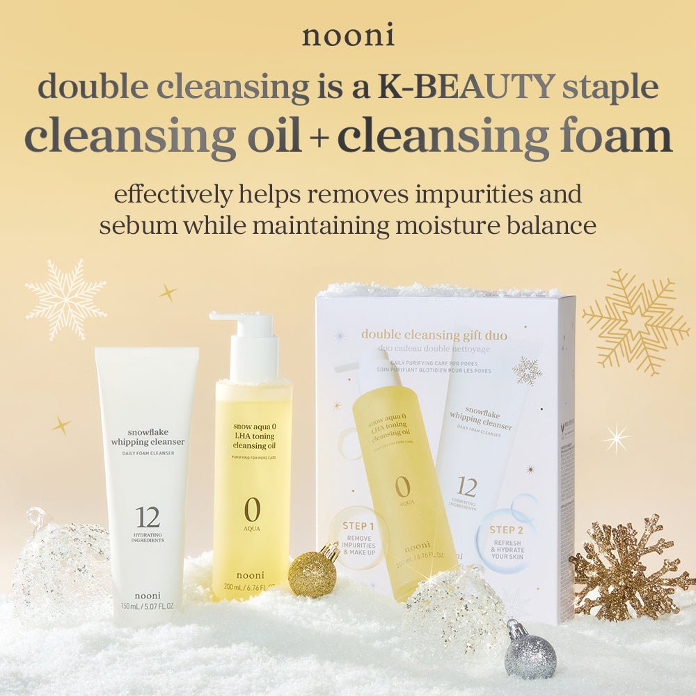 Nooni's K-Beauty double cleansing staple set, featuring the Snow Aqua LHA Cleansing Oil and Snowflake Whipping Foam next to the gift box on a festive background.