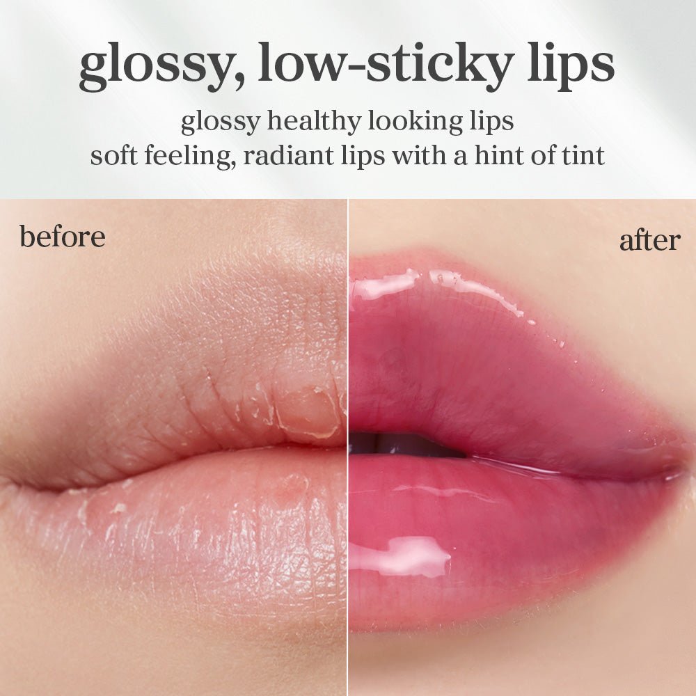 Before and after lips using appleacaiberry lip oil showing smoother appearance and enhanced gloss after application.