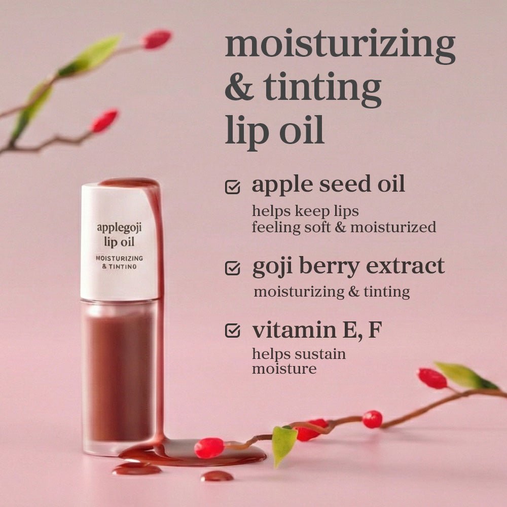 Applegoji lip oil highlighting apple seed oil, rosehip extract, and vitamin E&F as key ingredients.