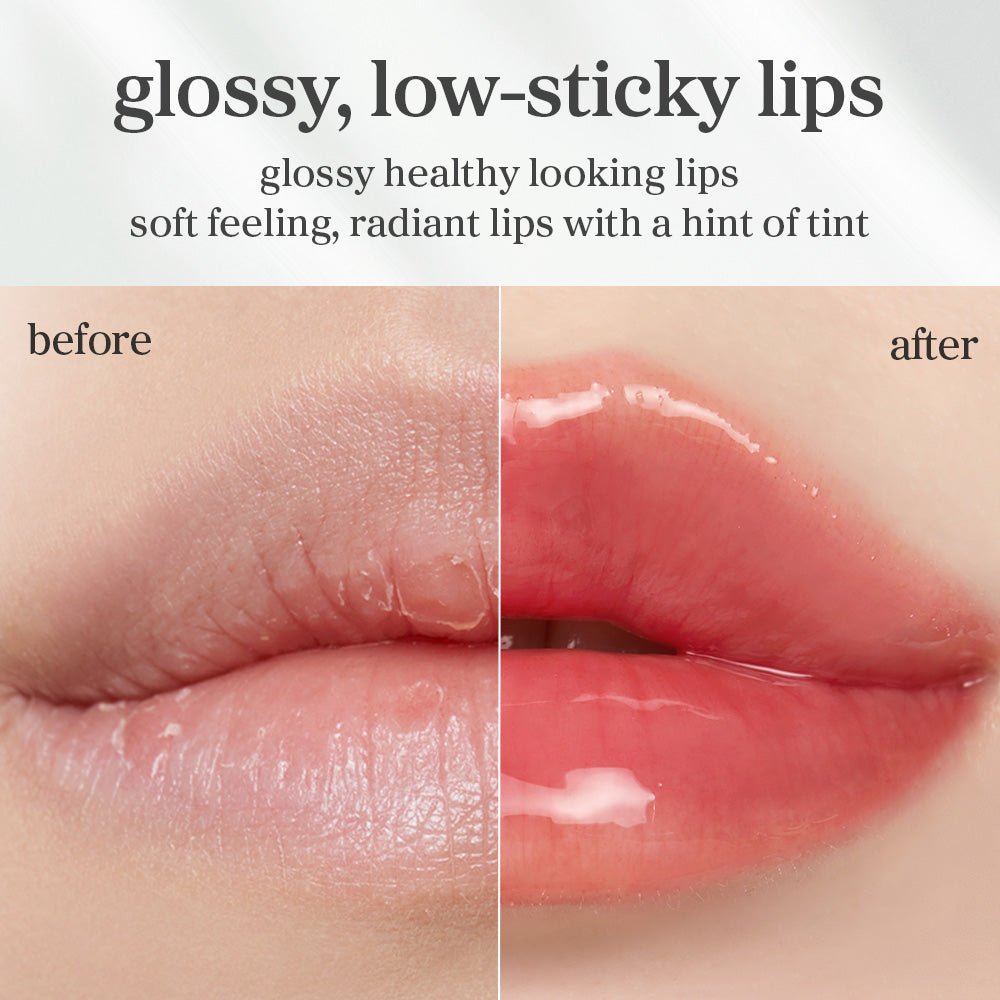 Before and after lips using appleguava  lip oil showing smoother appearance and enhanced gloss after application.