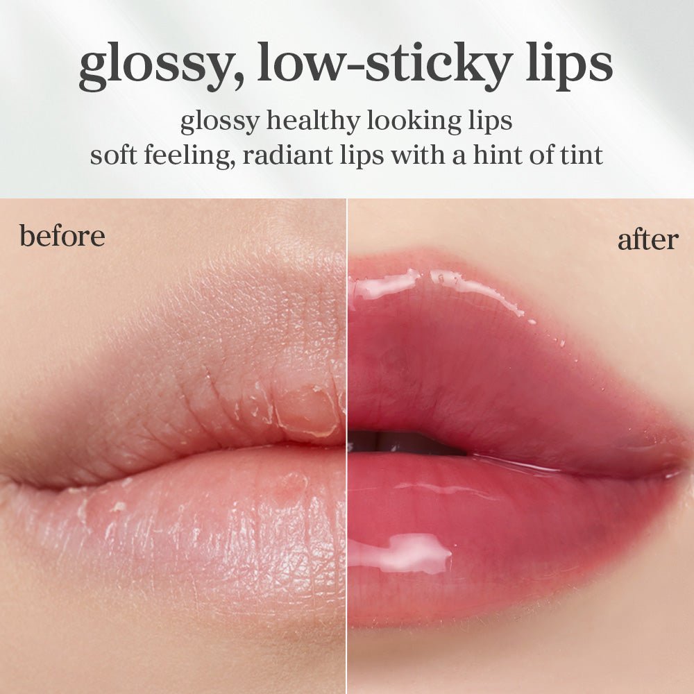 Before and after lips using applemulberry lip oil showing smoother appearance and enhanced gloss after application.