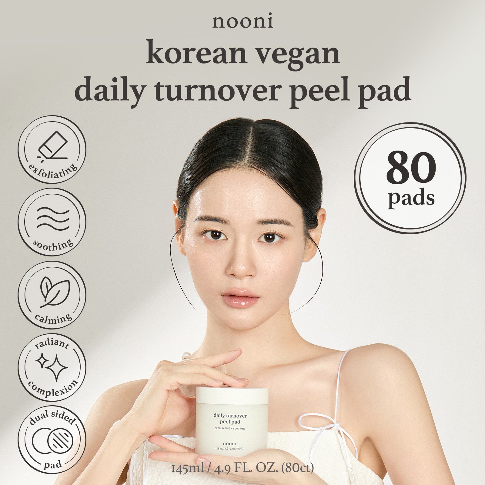 Korean vegan peel pad with 80 pads highlighting exfoliating, soothing, calming, and dual sided care features.