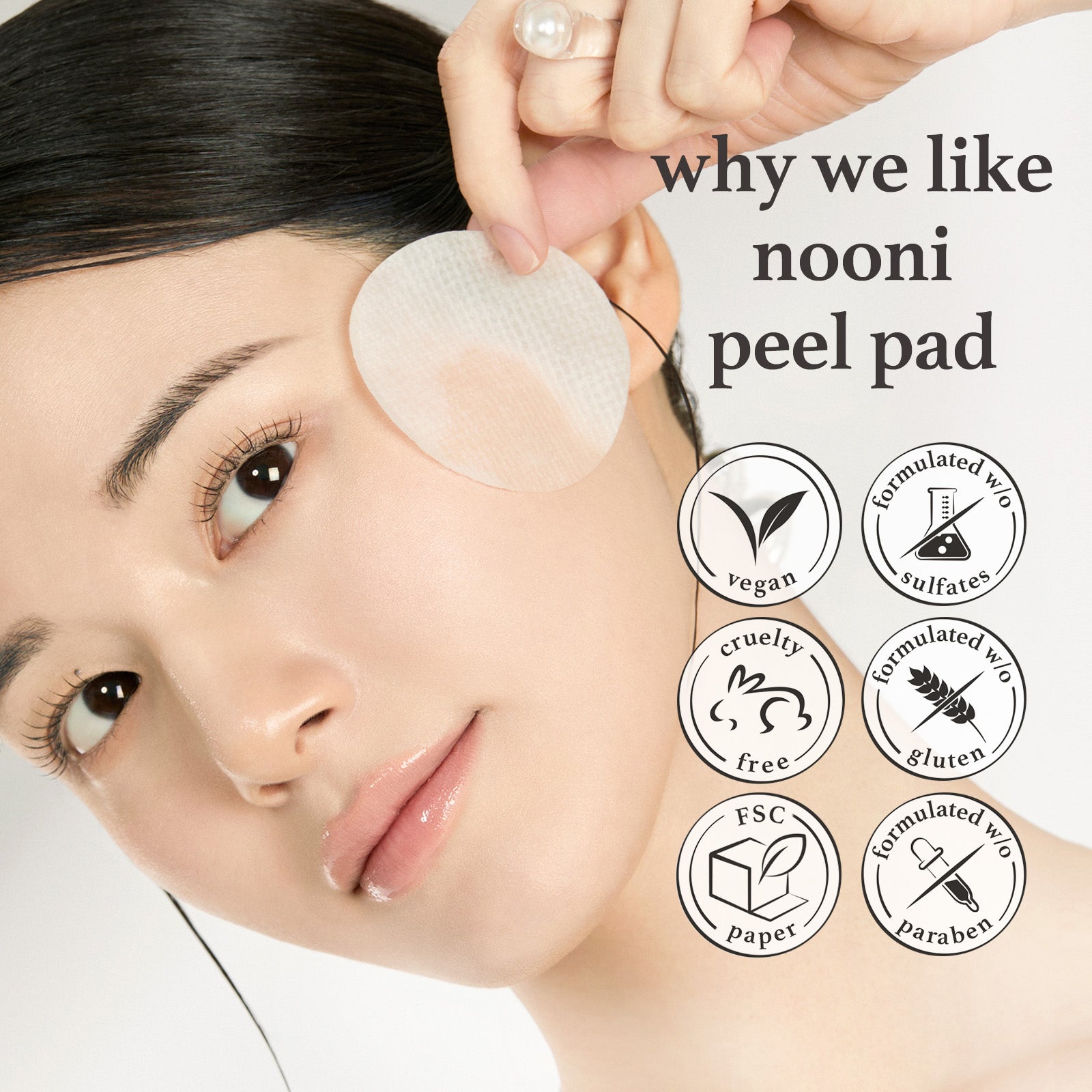 Certification icons highlighting vegan, cruelty free, FSC paper, and free from sulfates, gluten, and parabens.